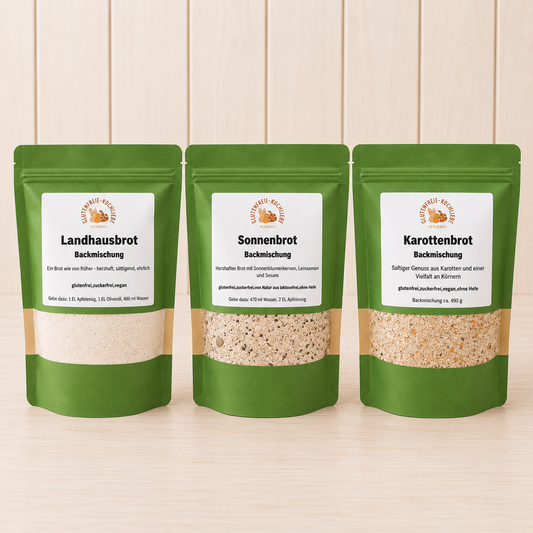 Glutenfreies Brot Probierpaket - 3 Backmischungen - Landhausbrot, Sonnenbrot & Karottenbrot