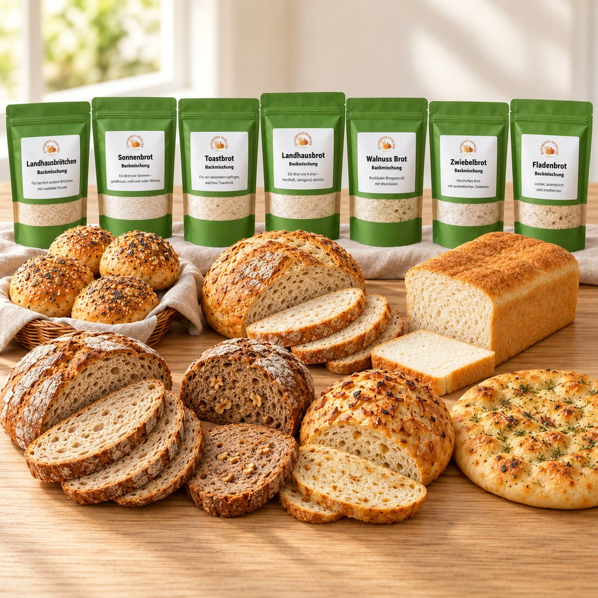 Brot Probierpaket glutenfrei – 7 Backmischungen: Landhausbrötchen, Sonnenbrot, Toastbrot, Landhausbrot, Walnussbrot, Zwiebelbrot und Fladenbrot