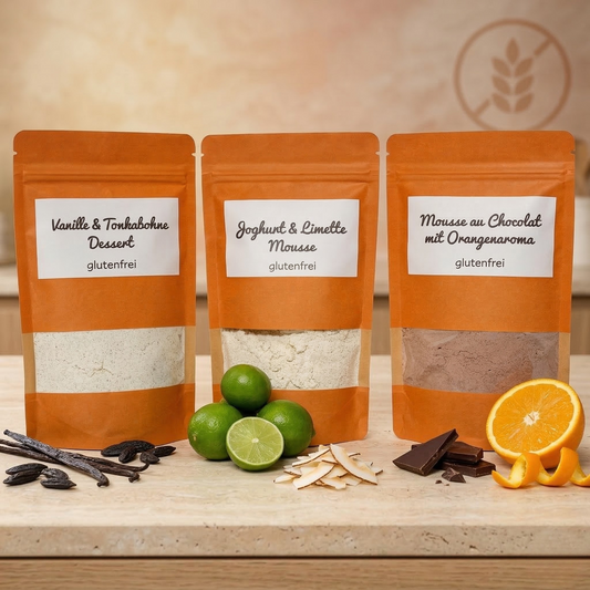 3 x Dessert Schlemmer Set Mousse au Chocolat mit Orangenaroma, Vanille & Tonkabohne, Limette & Kokos