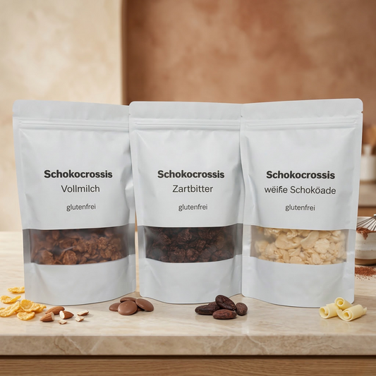 3 x Schoko Crossies  Vollmilch, Zartbitter, weiße Schokolade