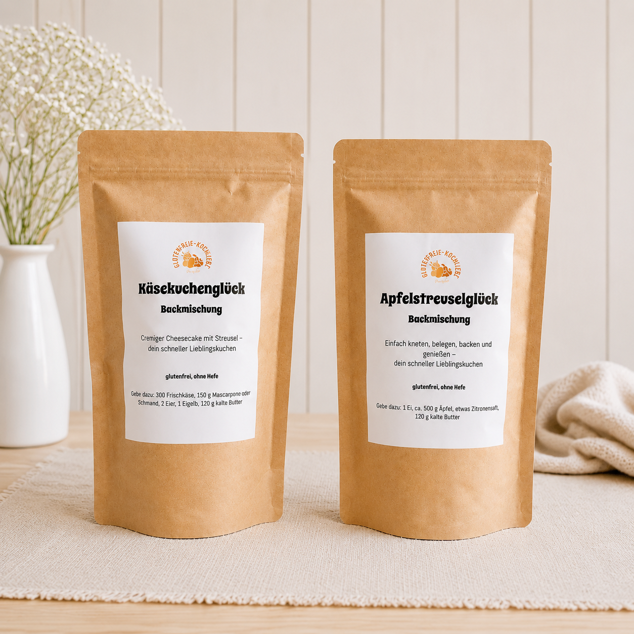 Glutenfreie Kuchen-Backmischung - Apfelstreuselkuchen &  Käsekuchen