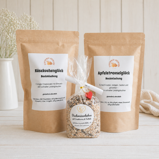Apfelstreuselglück, Käsekuchenglück & Buchweizenkekse Trio