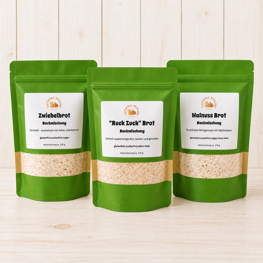 Glutenfreies Brot Probierpaket – 3 Backmischungen - Zwiebelbrot, Walnussbrot, RuckZuck Brot