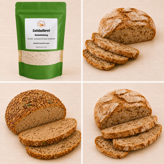 Glutenfreies Brot Probierpaket – 3 Backmischungen - Zwiebelbrot, Walnussbrot, RuckZuck Brot